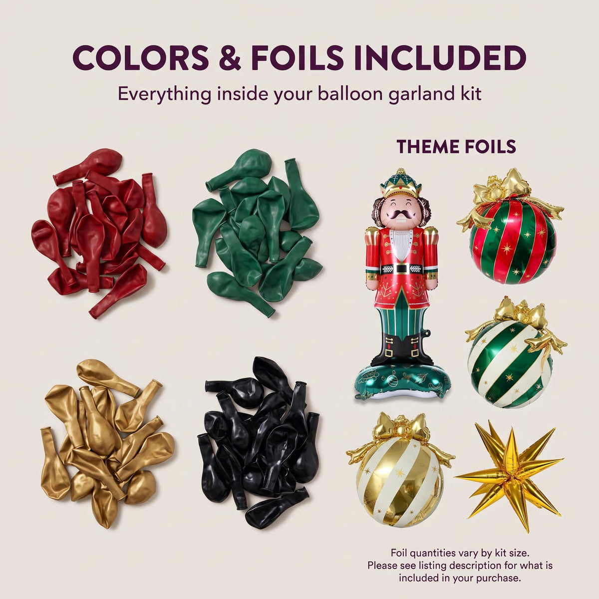 Latex colors and foil balloons included in the Nutcracker Christmas balloon garland kit