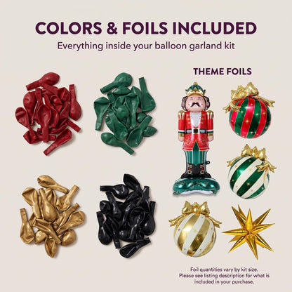 Latex colors and foil balloons included in the Nutcracker Christmas balloon garland kit