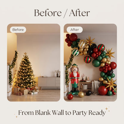 Before and after: a blank wall and the same wall with the Nutcracker Christmas balloon garland