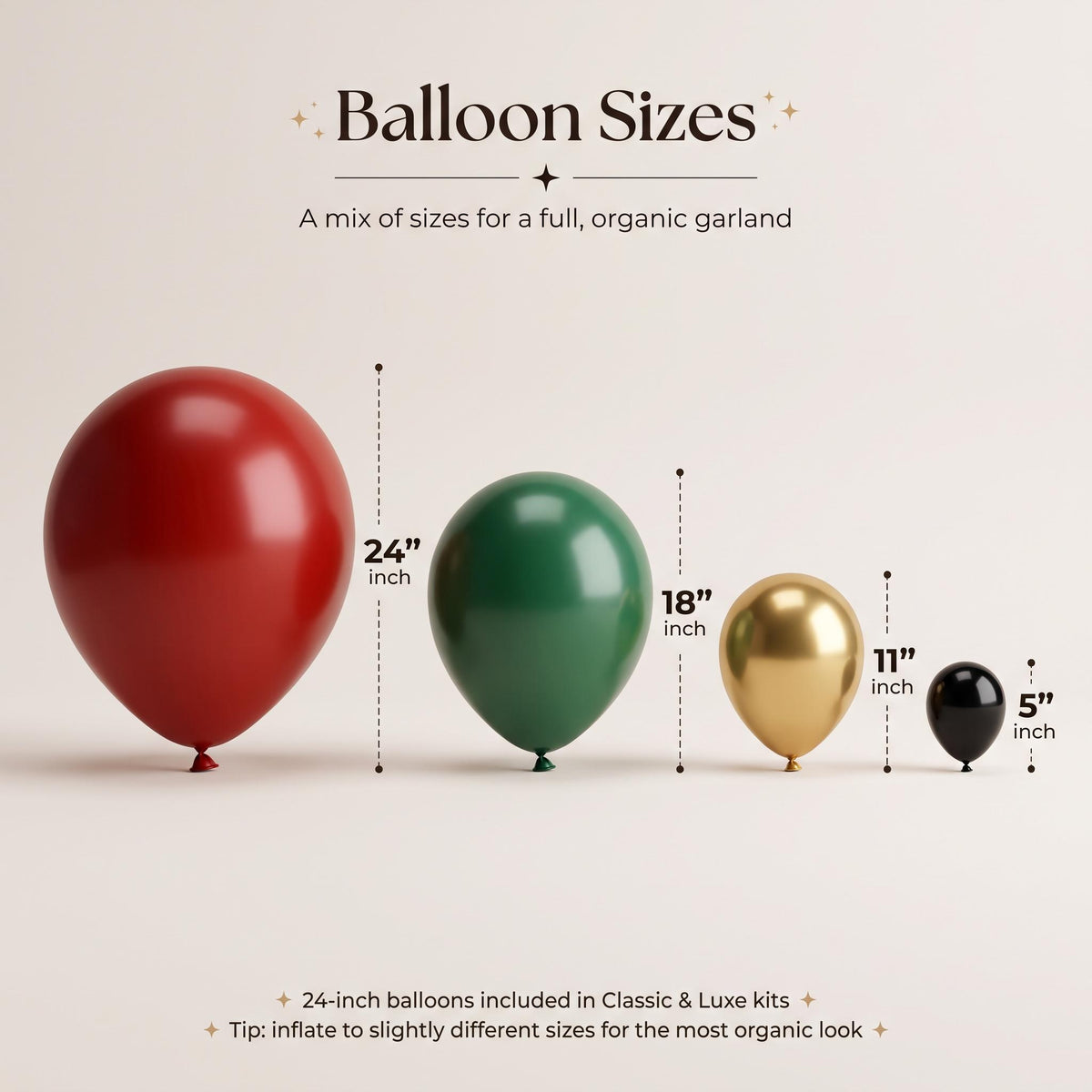 24, 18, 11 and 5 inch balloons in the Nutcracker Christmas kit colors