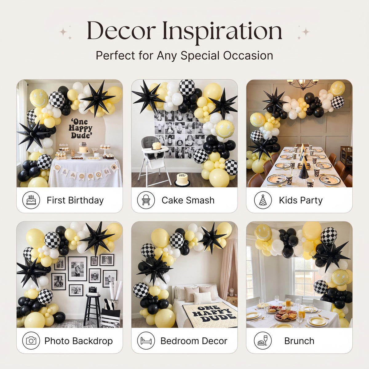 Six ways to style the One Happy Dude (Yellow) balloon garland