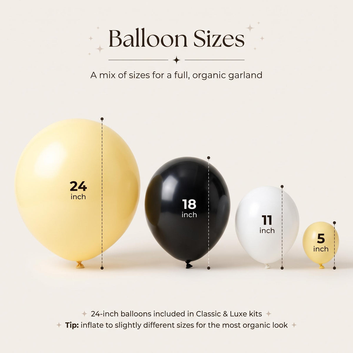 24, 18, 11 and 5 inch balloons in the One Happy Dude (Yellow) kit colors