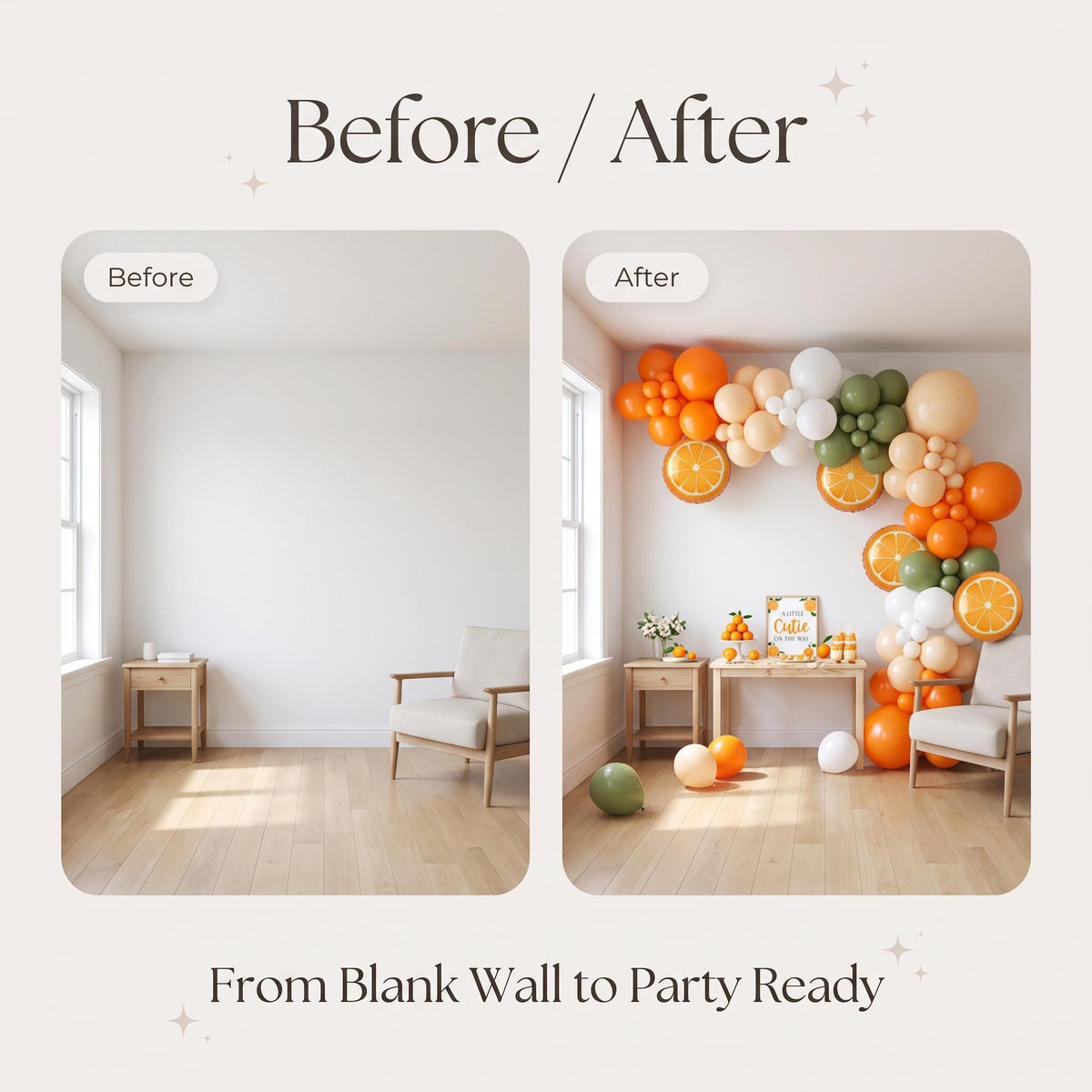 Before and after: a blank wall and the same wall with the A Little Cutie On The Way balloon garland
