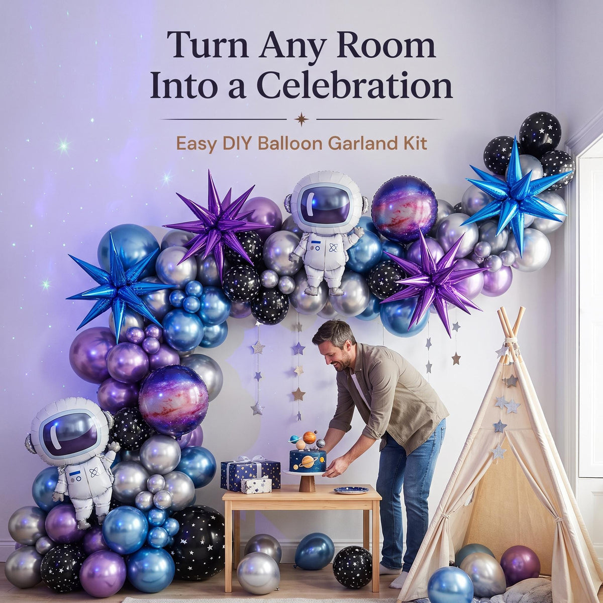 Out Of This World balloon garland party setup