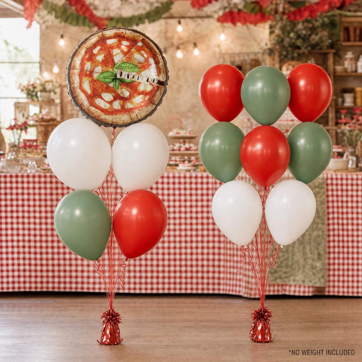 Little Meatball (Special Delivery Pizza) foil balloon bouquet and latex-only balloon bouquet