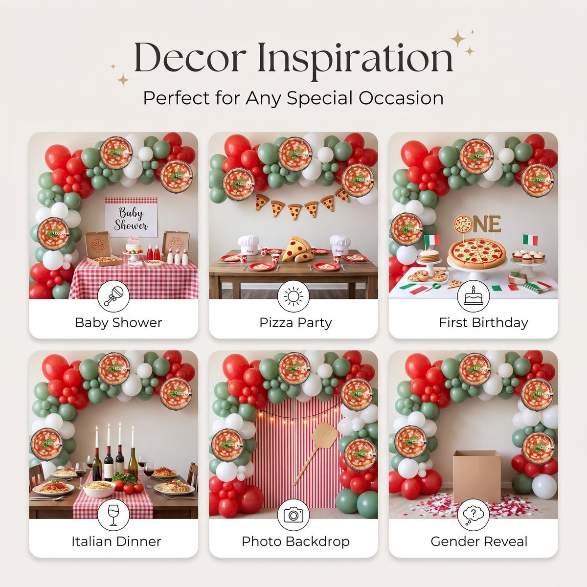 Six ways to style the Little Meatball (Special Delivery Pizza) balloon garland