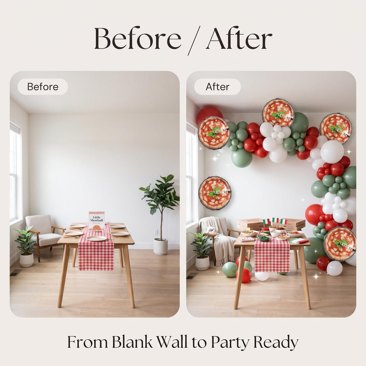 Before and after: a blank wall and the same wall with the Little Meatball (Special Delivery Pizza) balloon garland