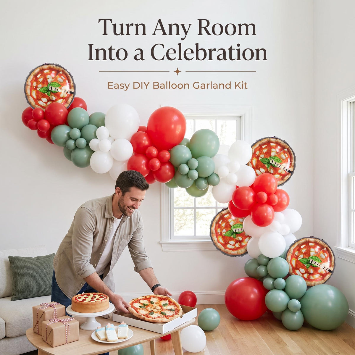 Little Meatball (Special Delivery Pizza) balloon garland party setup