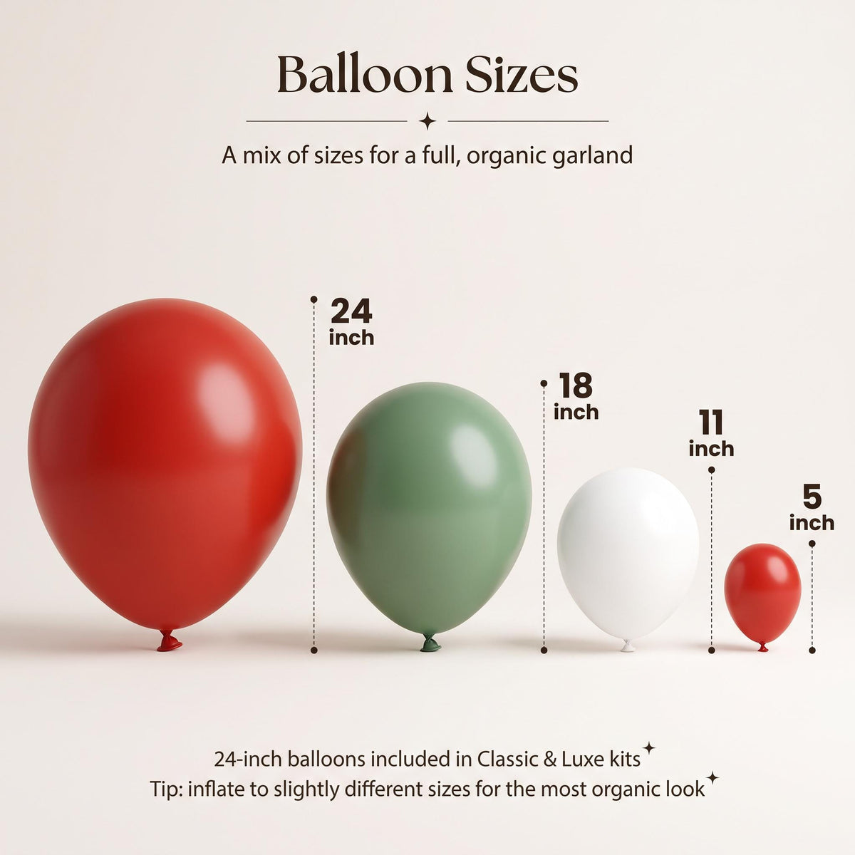 24, 18, 11 and 5 inch balloons in the Little Meatball (Special Delivery Pizza) kit colors