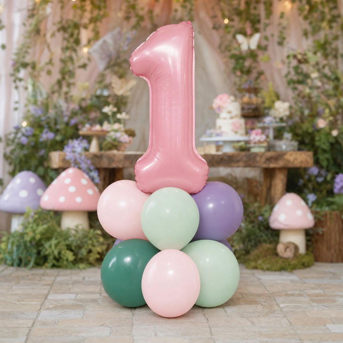 Fairy First Birthday (Wildflower) balloon tower: 8 latex balloons topped with a Pink Mushroom foil