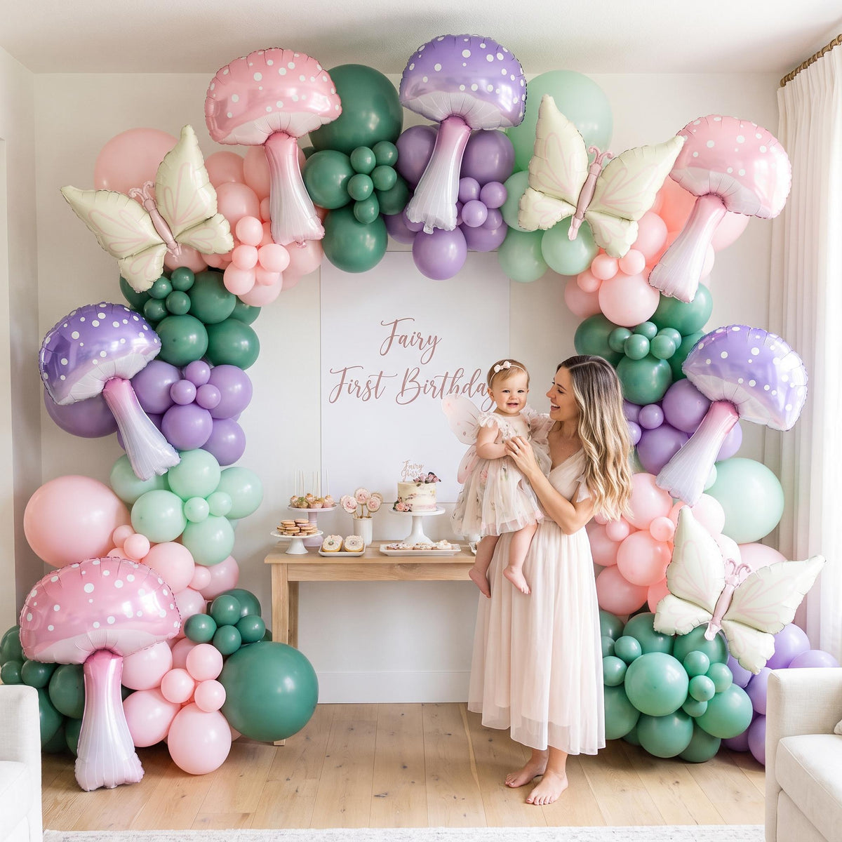 Fairy First Birthday (Wildflower) balloon garland styled at a party