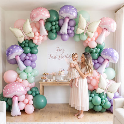 Fairy First Birthday (Wildflower) balloon garland styled at a party