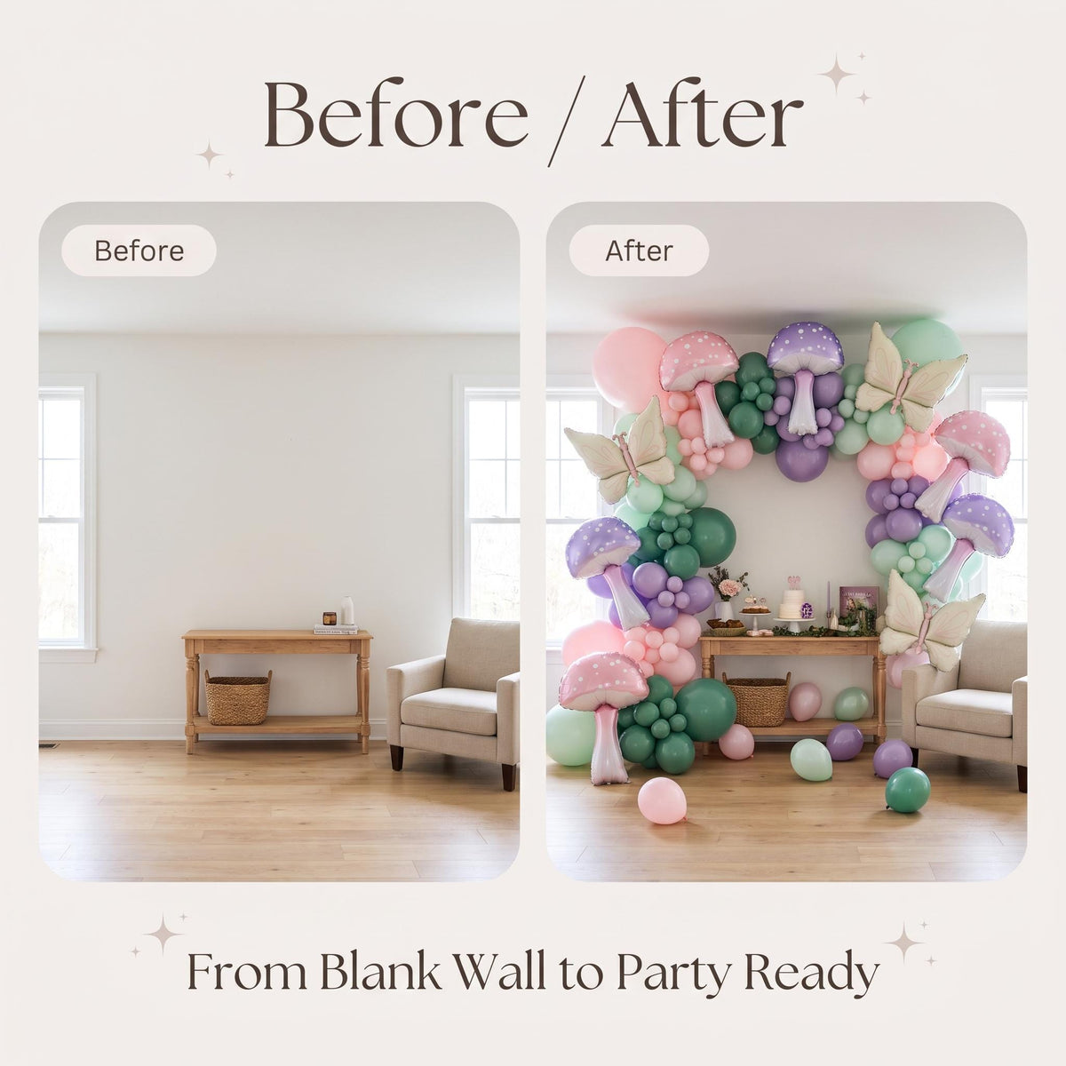 Before and after: a blank wall and the same wall with the Fairy First Birthday (Wildflower) balloon garland