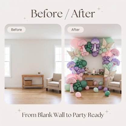 Before and after: a blank wall and the same wall with the Fairy First Birthday (Wildflower) balloon garland