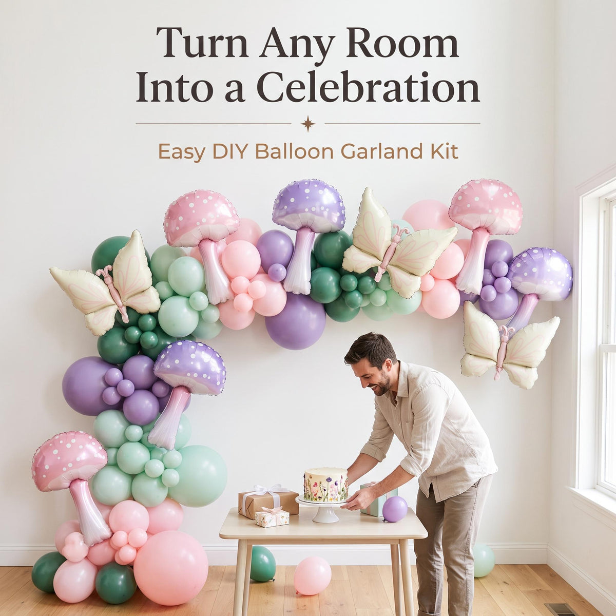 Fairy First Birthday (Wildflower) balloon garland party setup