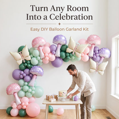 Fairy First Birthday (Wildflower) balloon garland party setup