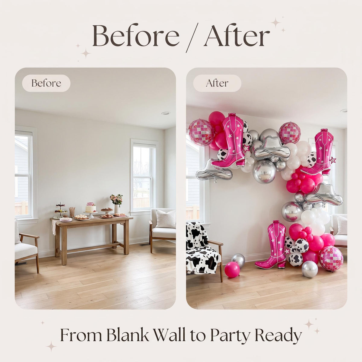Before and after: a blank wall and the same wall with the Disco Cowgirl (Last Rodeo) balloon garland