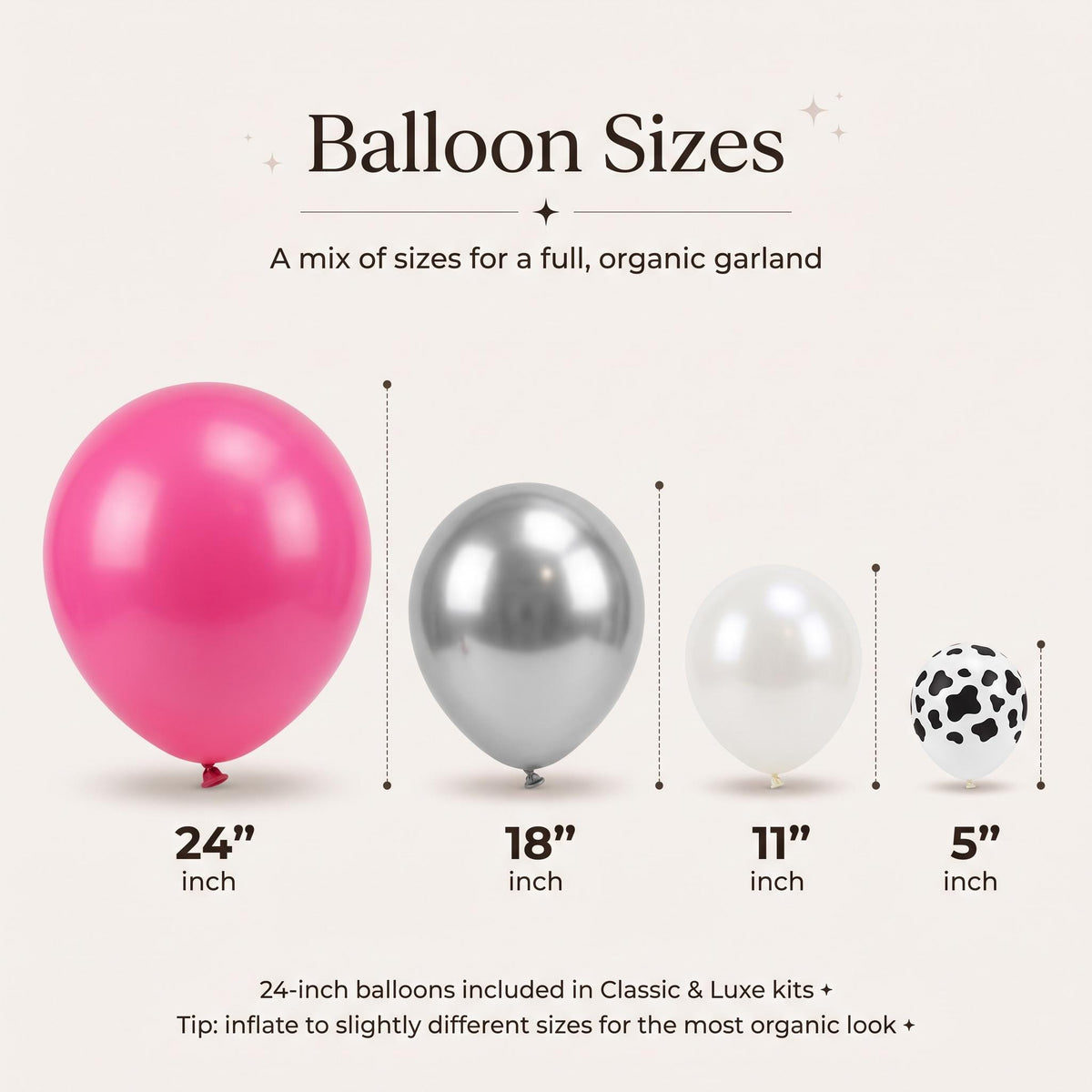 24, 18, 11 and 5 inch balloons in the Disco Cowgirl (Last Rodeo) kit colors