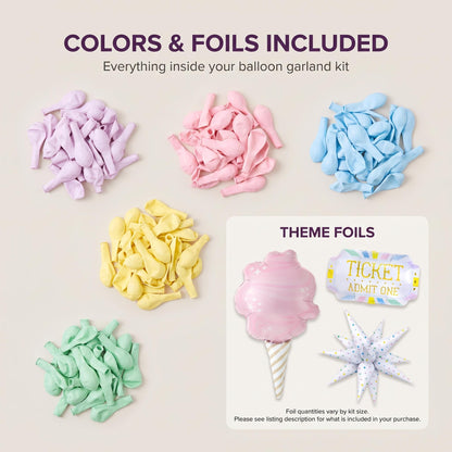 Latex colors and foil balloons included in the Pastel Circus balloon garland kit