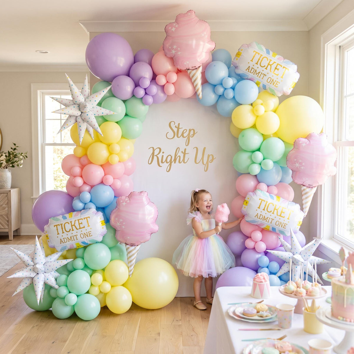 Pastel Circus balloon garland styled at a party