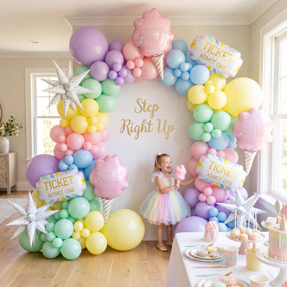 Pastel Circus balloon garland styled at a party