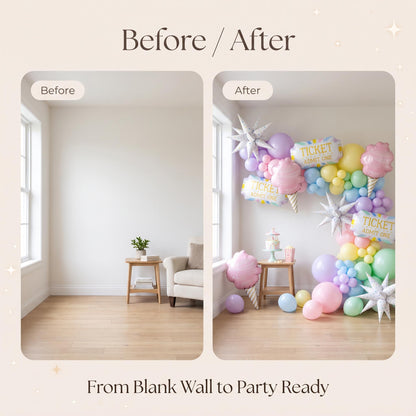 Before and after: a blank wall and the same wall with the Pastel Circus balloon garland