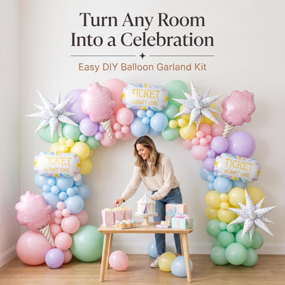 Pastel Circus balloon garland party setup