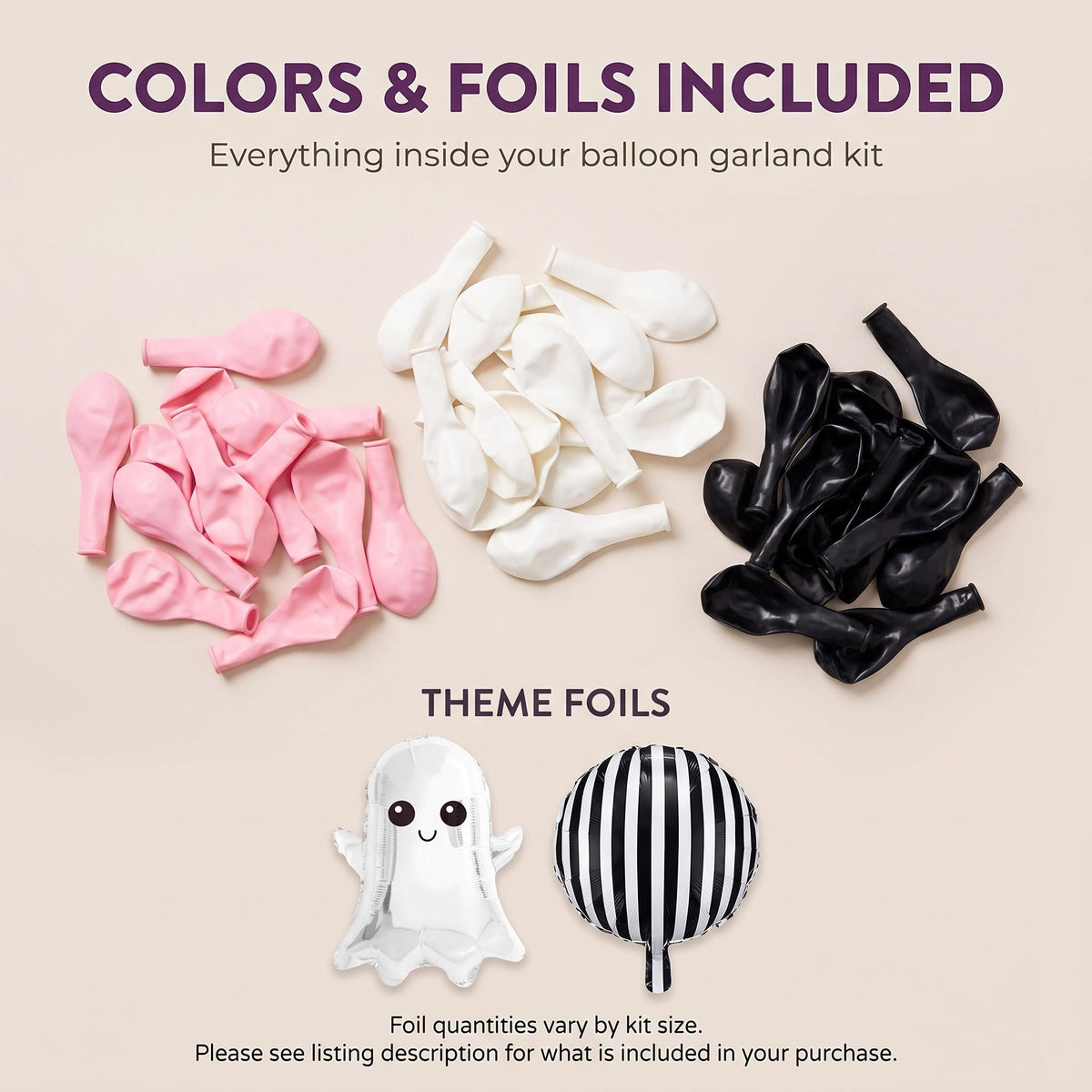 Latex colors and foil balloons included in the Little Boo's First Halloween balloon garland kit