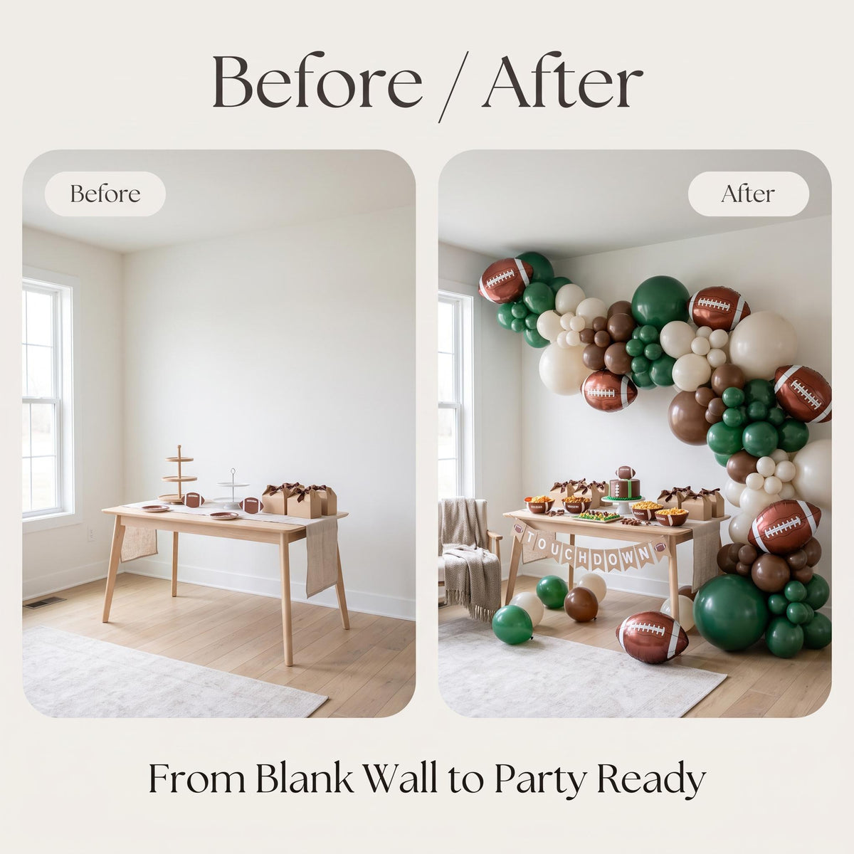 Before and after: a blank wall and the same wall with the First Year Down balloon garland