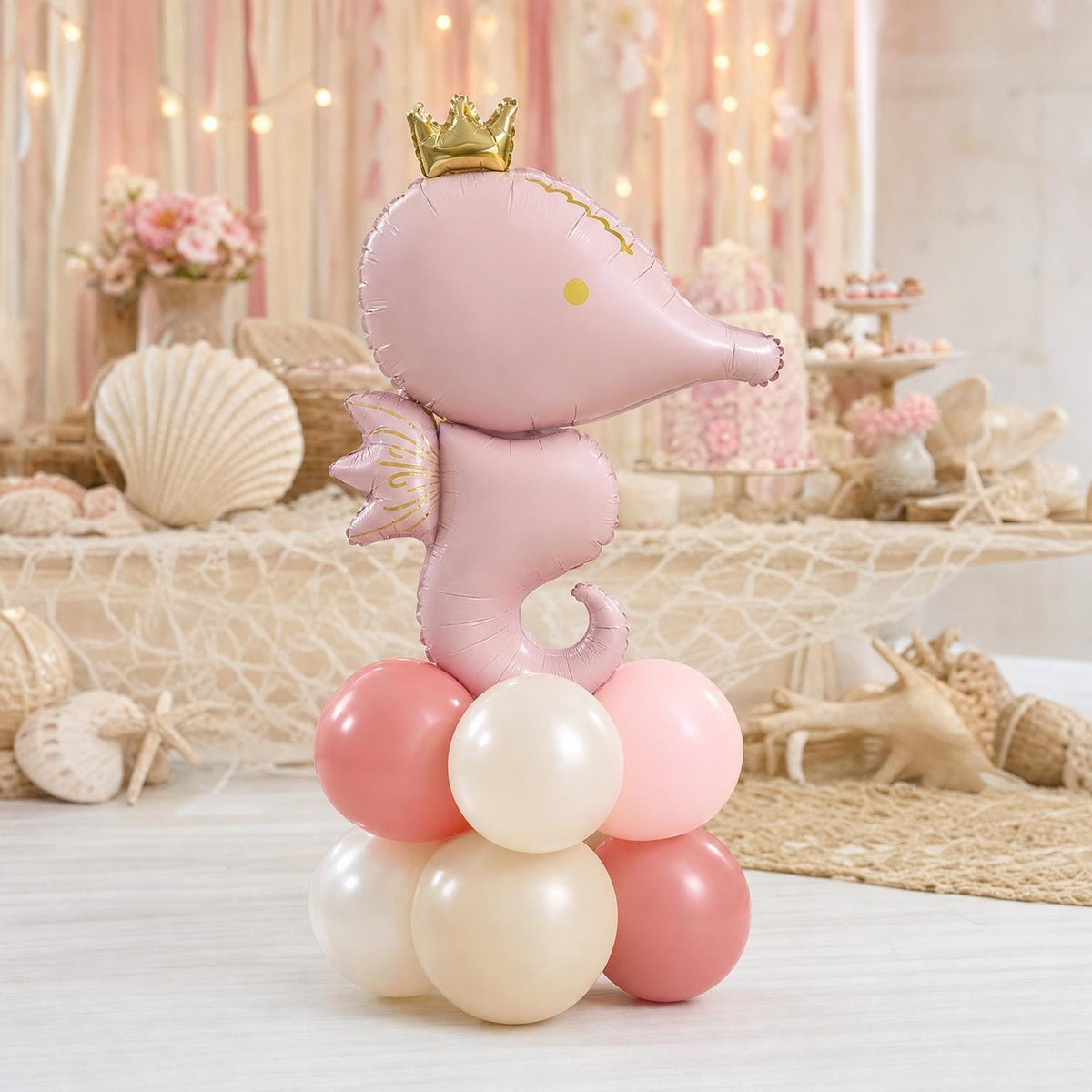 Sea You Soon (Pink) balloon tower: 8 latex balloons topped with a Pink Seahorse foil