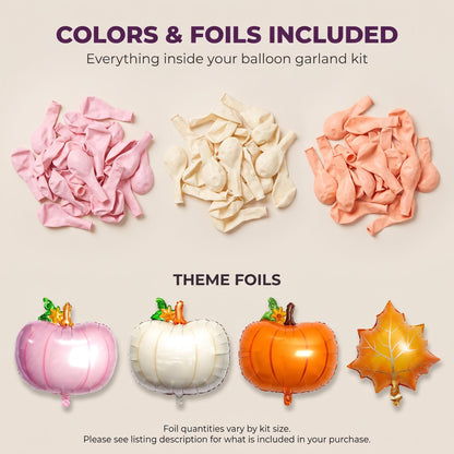Latex colors and foil balloons included in the A Little Pumpkin Is On The Way balloon garland kit
