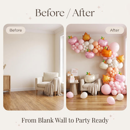 Before and after: a blank wall and the same wall with the A Little Pumpkin Is On The Way balloon garland