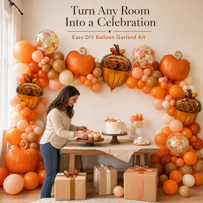 A Little Pumpkin On The Way balloon garland party setup