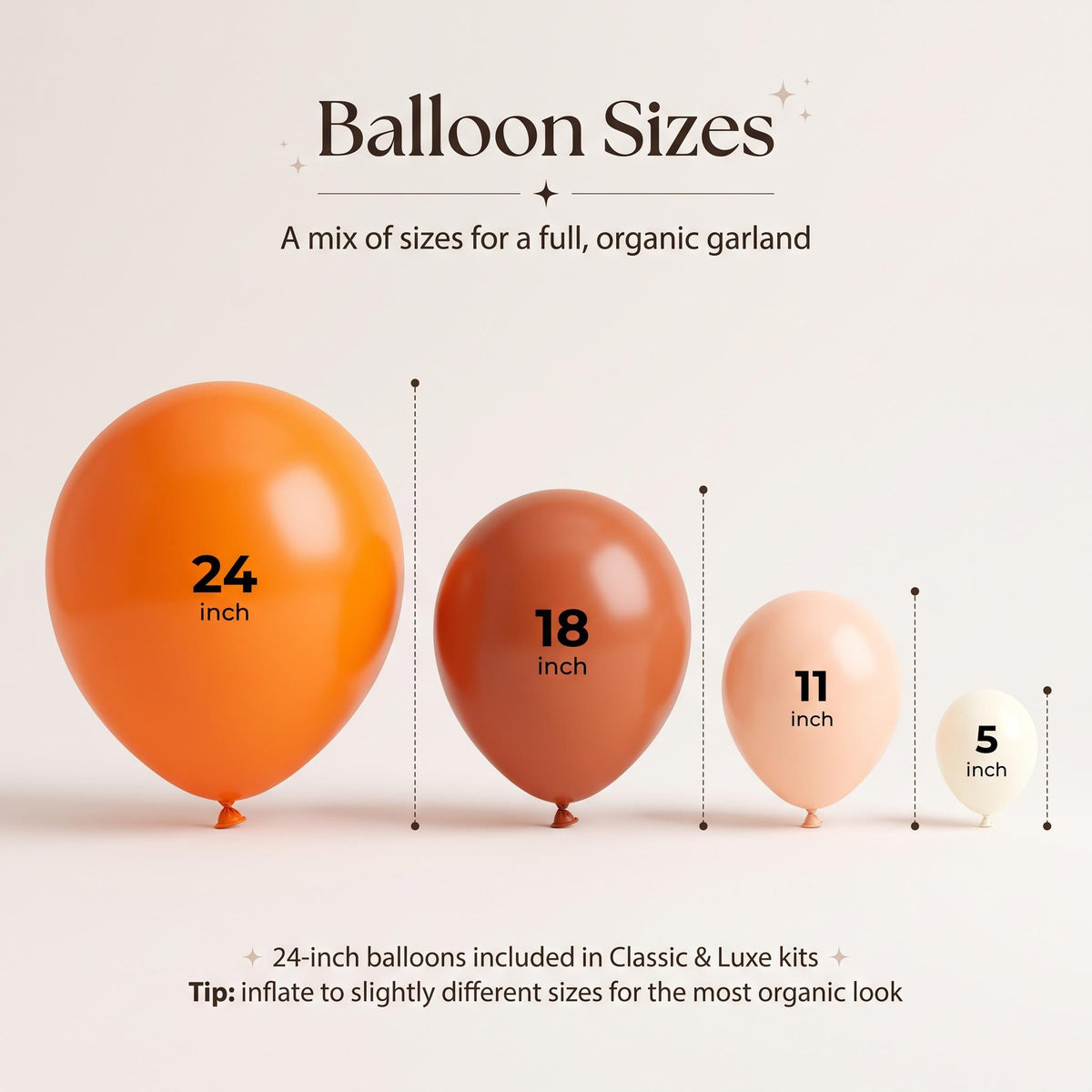 24, 18, 11 and 5 inch balloons in the A Little Pumpkin On The Way kit colors