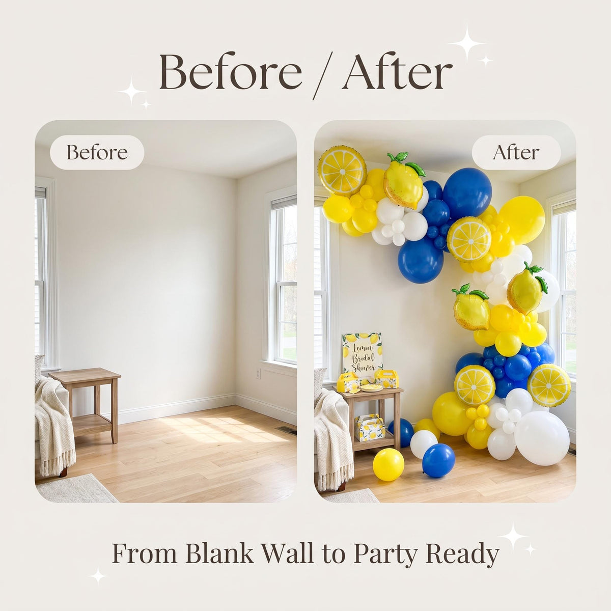 Before and after: a blank wall and the same wall with the Amalfi Coast balloon garland