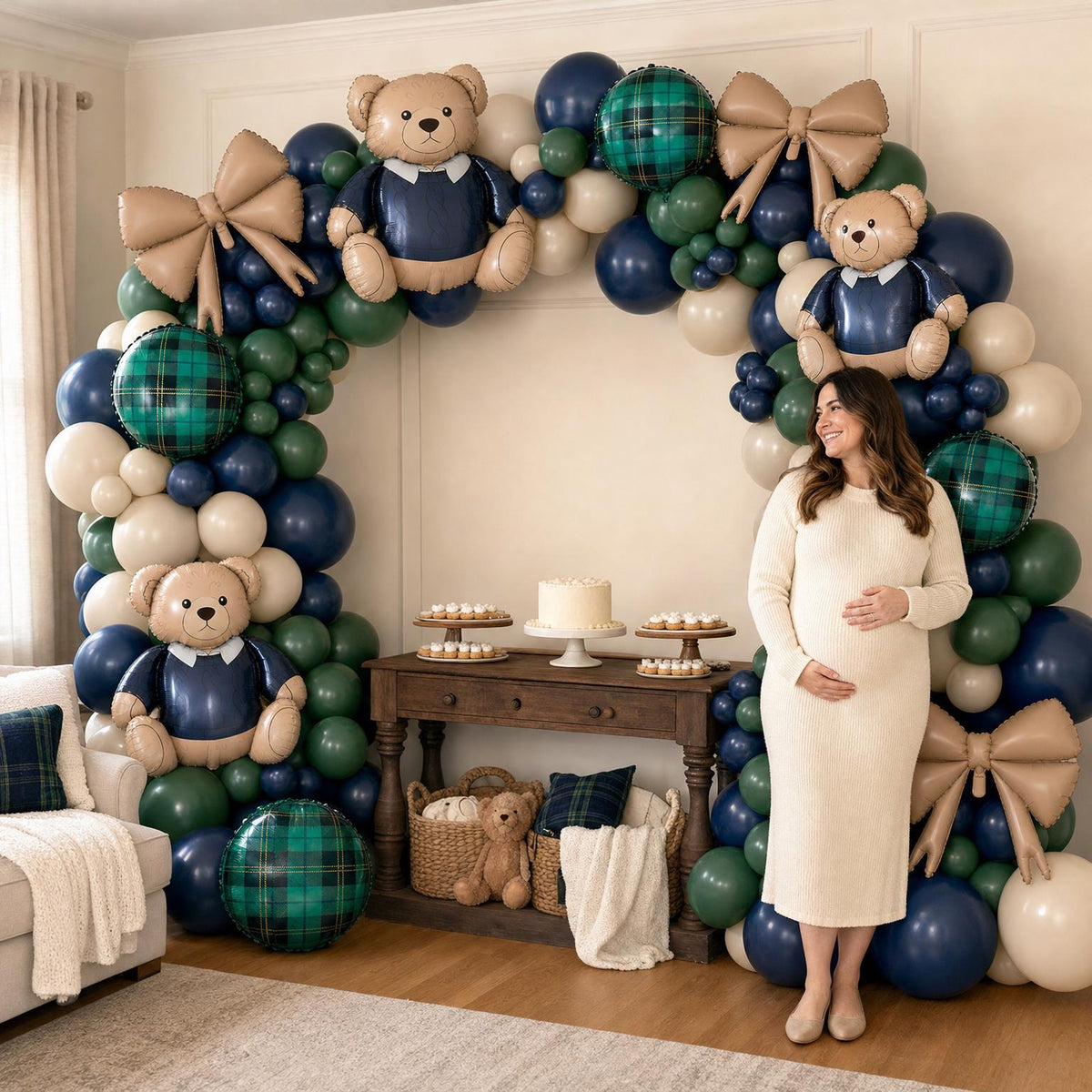 Preppy Teddy Bear balloon garland styled at a party