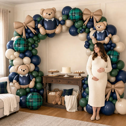 Preppy Teddy Bear balloon garland styled at a party
