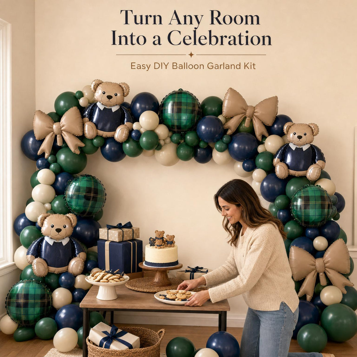 Preppy Teddy Bear balloon garland party setup
