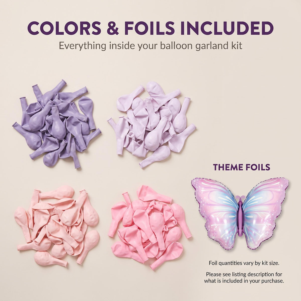 Latex colors and foil balloons included in the Purple Butterfly balloon garland kit