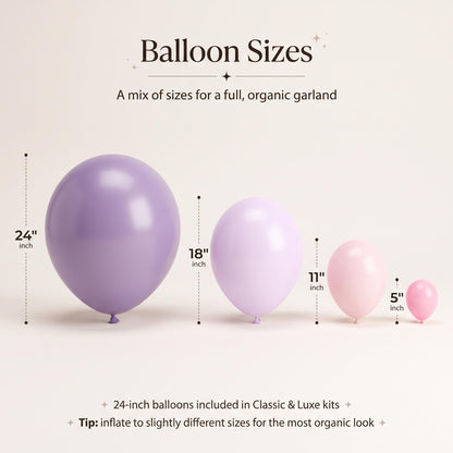 24, 18, 11 and 5 inch balloons in the Purple Butterfly kit colors