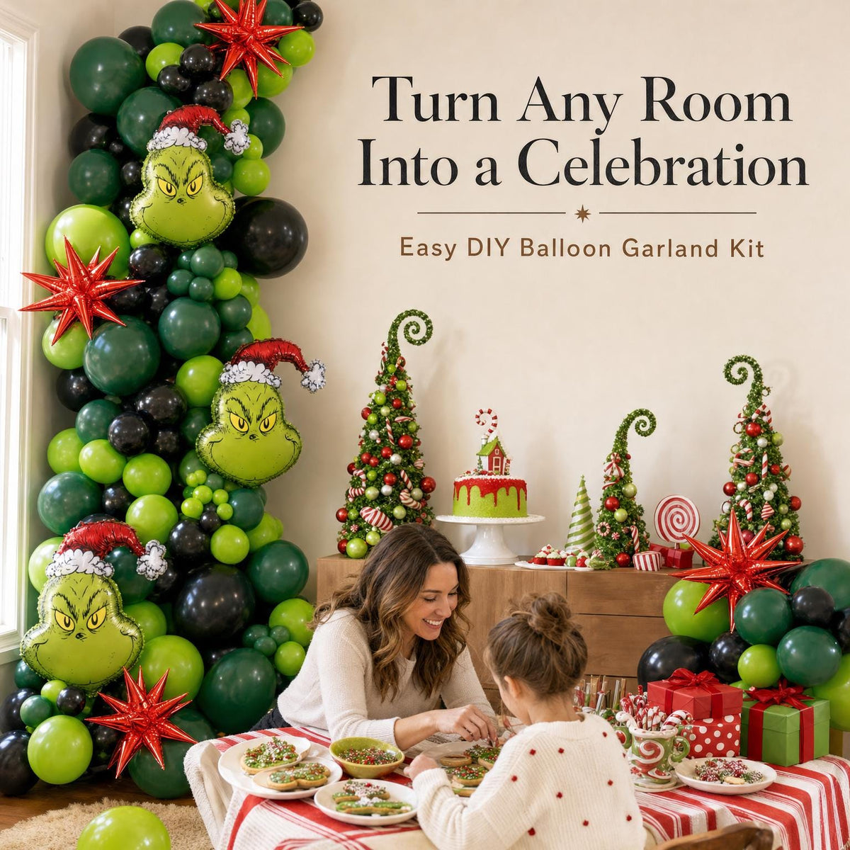 Grinch Whoville Christmas (Licensed) balloon garland party setup