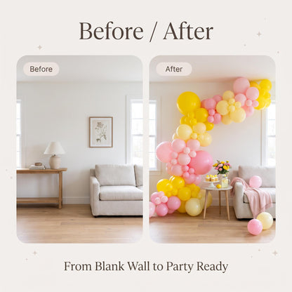 Before and after: a blank wall and the same wall with the A Little Lemon balloon garland