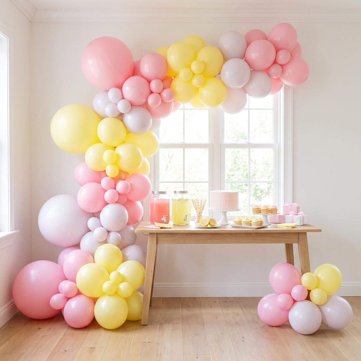 Pink Lemonade balloon garland installed on a wall at home