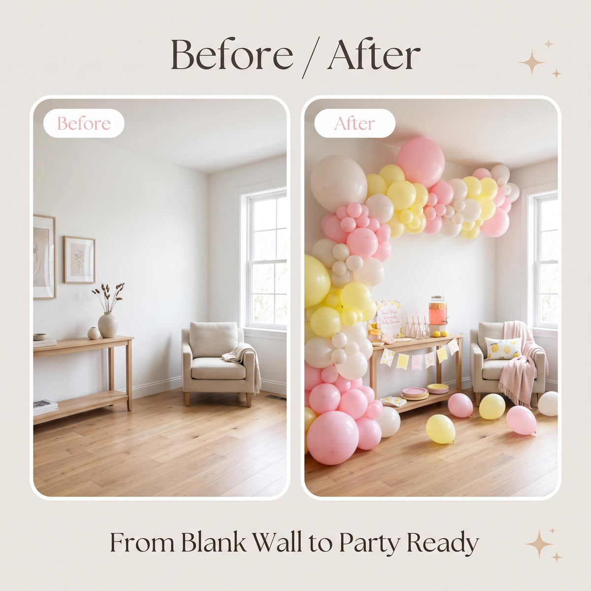 Before and after: a blank wall and the same wall with the Pink Lemonade balloon garland