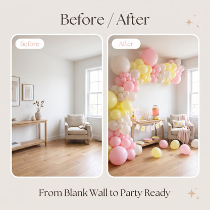 Before and after: a blank wall and the same wall with the Pink Lemonade balloon garland