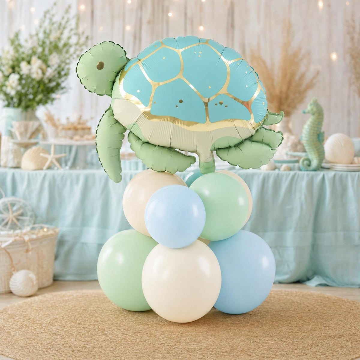 Sea You Soon (Turtle) balloon tower: 8 latex balloons topped with a Sea Turtle foil