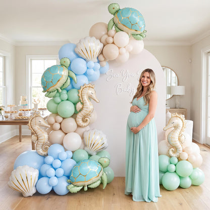 Sea You Soon (Turtle) balloon garland styled at a party