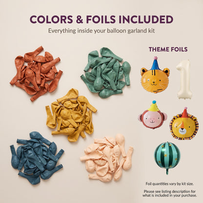 Latex colors and foil balloons included in the Boho Party Animals balloon garland kit