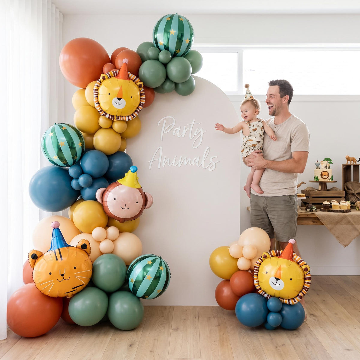 Boho Party Animals balloon garland styled at a party