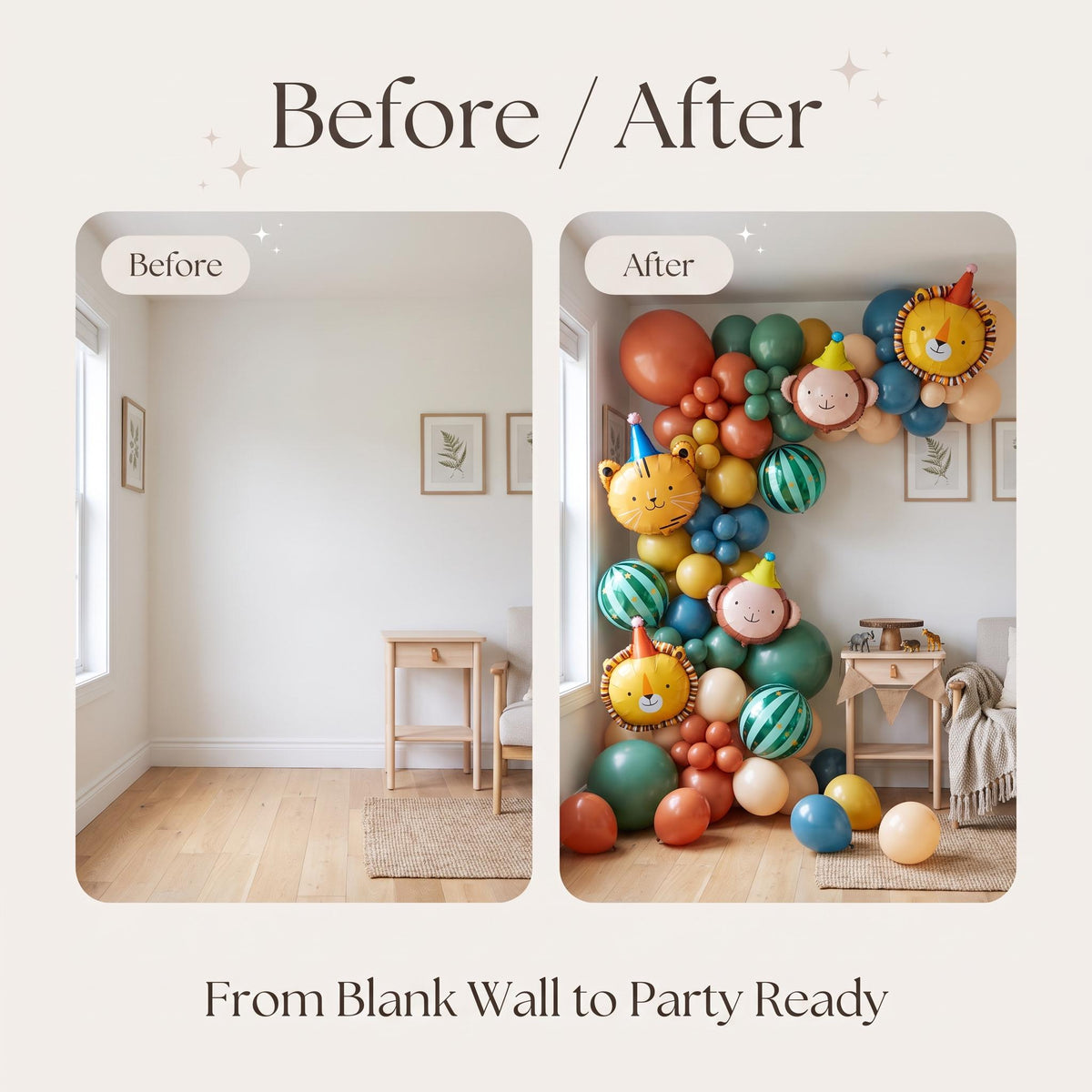 Before and after: a blank wall and the same wall with the Boho Party Animals balloon garland